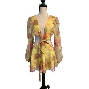 NWOT Shein Women's 2 Piece Outfit Yellow/Floral Front Tie Size Large